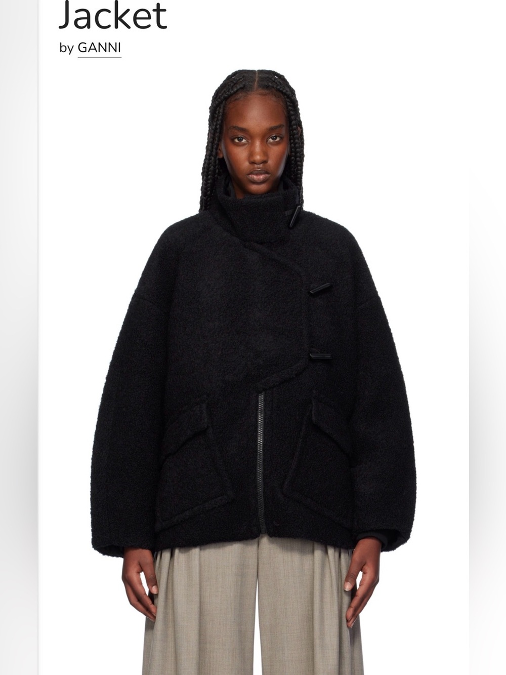 GANNI Black Bouclé Wool Drop Shoulder Toggle Jacket Size 40 L